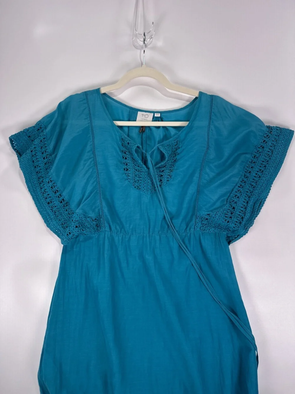 Anthropologie HD in Paris Stone Harbor Teal Silk Cotton Crochet Tunic Dress 2 - Picture 4 of 9